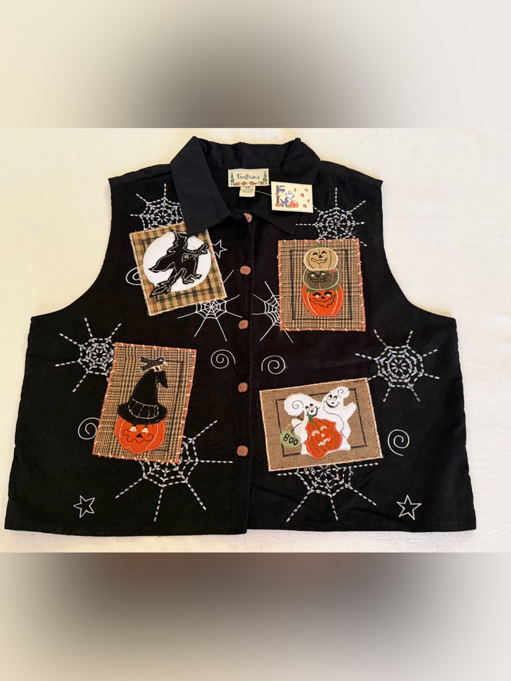 Vintage Black Corduroy Halloween Vest with Embroidered Patchwork Women’s XXL NWT